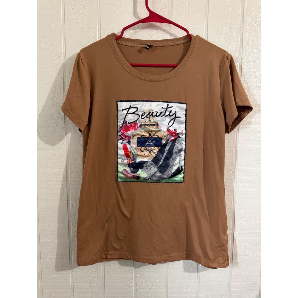 MME JORDAN Women Brown Beauty Perfume Graphic Rhinestone T-Shirt XL